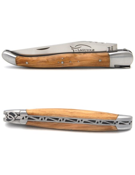 Laguiole Klappmesser, 12cm, verschlungene Herzen, Griff aus Olivenholz
