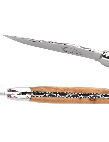 Laguiole pocket knife, 13 cm, forged bee,  top and bottom chiseling, juniper handle with shiny bolsters