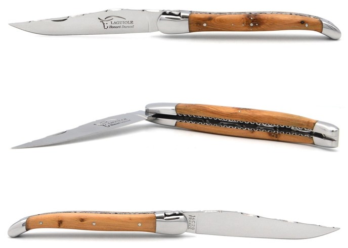 Laguiole pocket knife, 13 cm, forged bee,  top and bottom chiseling, juniper handle with shiny bolsters