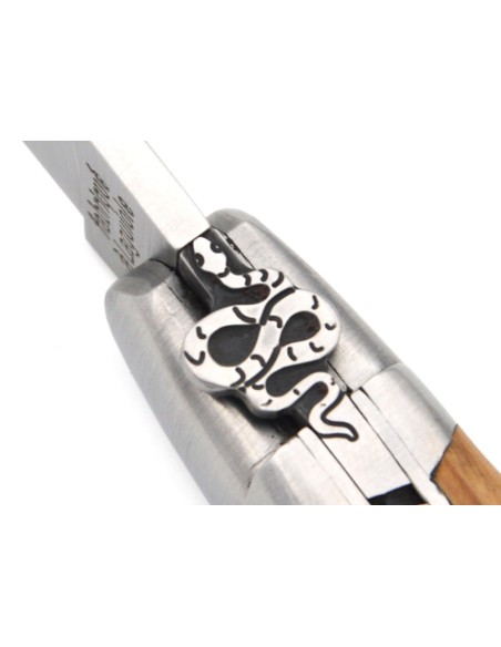 Laguiole pliant 12 cm, abeille motif serpent, lame seule, manche en olivier