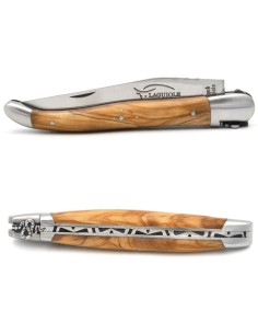 Laguiole pliant 12 cm, abeille motif serpent, lame seule, manche en olivier 2