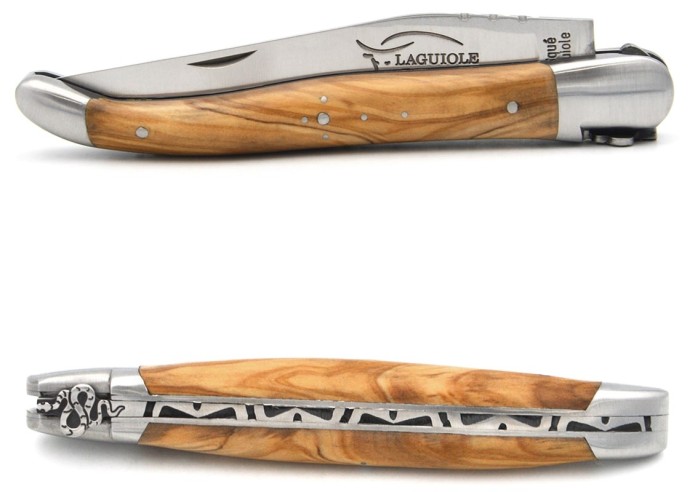 Laguiole pliant 12 cm, abeille motif serpent, lame seule, manche en olivier
