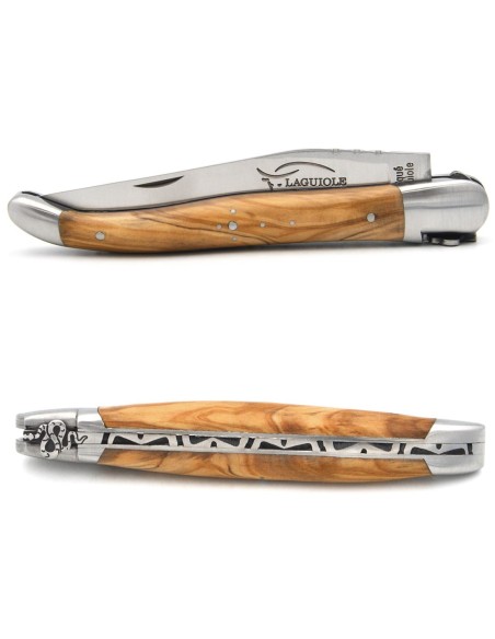 Laguiole pocket knife, 12 cm, bee with snake motif, olive wood handle