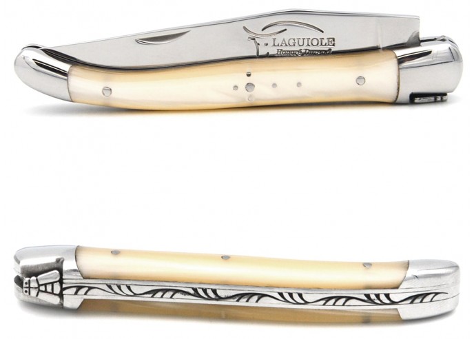 Laguiole pocket knife, 11 cm, welded bee, Acrylic - Pearly handle with shiny bolsters
