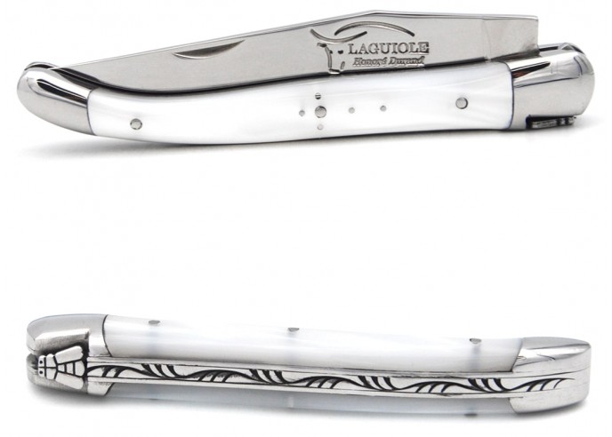 Laguiole pocket knife 11 cm, Acrylic - Pearly white handle, welded bee, blade only with shiny bolsters