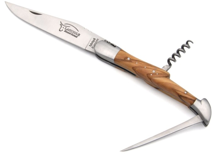 Laguiole pocket knife, 12 cm, blade and awl and corkscrew,olive wood handle with matt bolsters