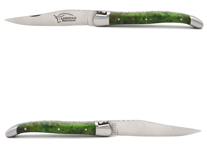 Laguiole Klappmesser, 11cm, Geschmiedete Biene, Heftbacken aus mattem Edelstahl, Griff aus Wacholderholz