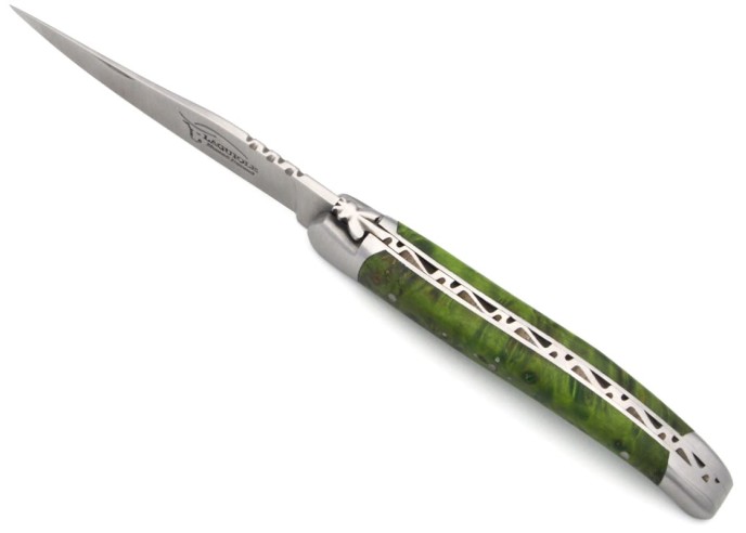 Laguiole Klappmesser, 11cm, Geschmiedete Biene, Heftbacken aus mattem Edelstahl, Griff aus Wacholderholz