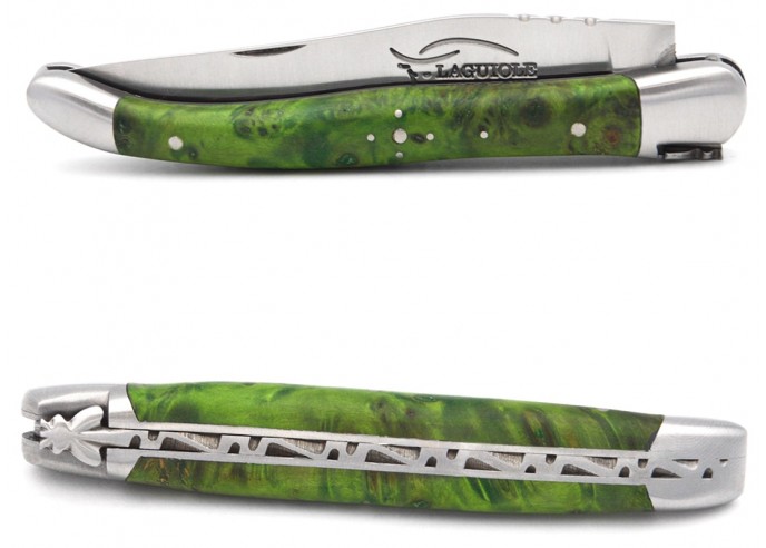 Laguiole pocket knife, 11 cm, forged bee, green stabilized wood handle with matt bolsters