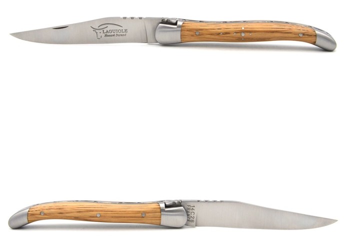 Laguiole Klappmesser, 11cm, Geschmiedete Biene, Heftbacken aus mattem Edelstahl, Griff aus Fasseiche