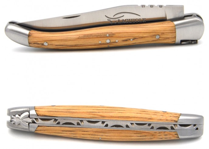 Laguiole pocket knife, 11 cm, forged bee, barrel oak handle with matt bolsters