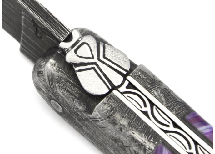 Laguiole pocket knife, 12 cm, "wild" Damascus steel blade,  bee and spring chiseled with file, 1 front meteorite steel bolster
