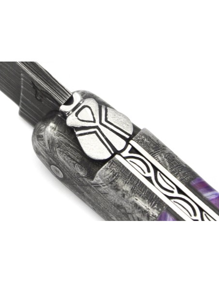 Laguiole pliant 12cm, acier Damas Sauvage,  1 mitre avant acier météorite