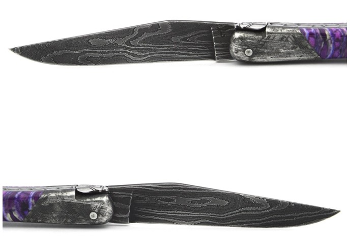 Laguiole pocket knife, 12 cm, "wild" Damascus steel blade,  bee and spring chiseled with file, 1 front meteorite steel bolster
