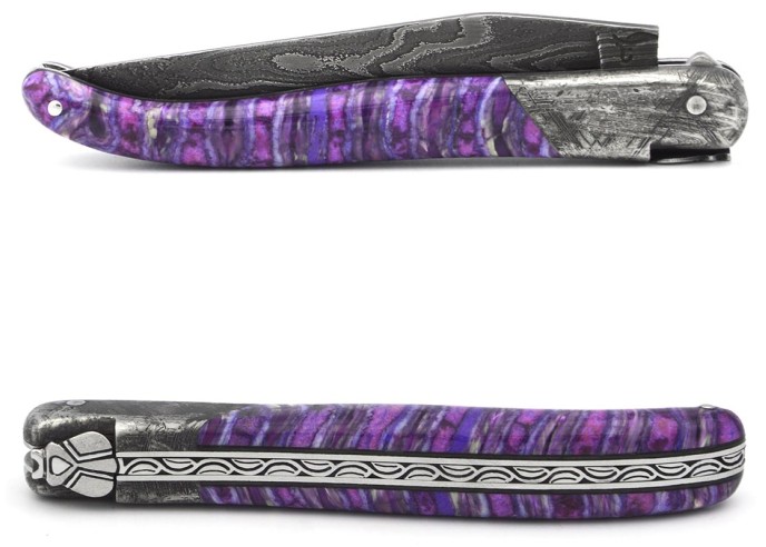 Laguiole pliant 12cm, acier Damas Sauvage,  1 mitre avant acier météorite