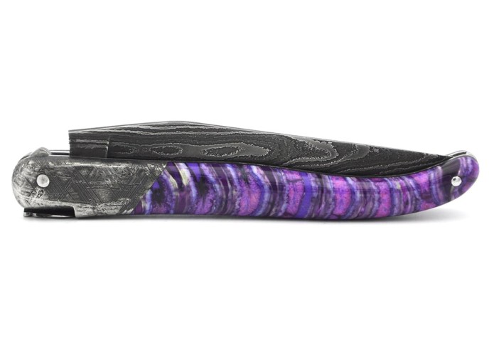 Laguiole pocket knife, 12 cm, "wild" Damascus steel blade,  bee and spring chiseled with file, 1 front meteorite steel bolster