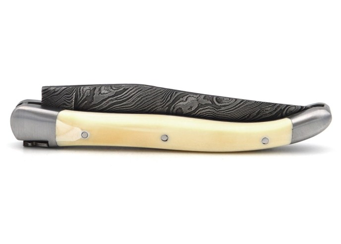 Laguiole pocket knife, 11 cm, forged bee, Damascus steel blade, ebony wood handle with shiny bolsters