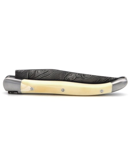 Laguiole pocket knife, 11 cm, forged bee, Damascus steel blade, ebony wood handle with shiny bolsters