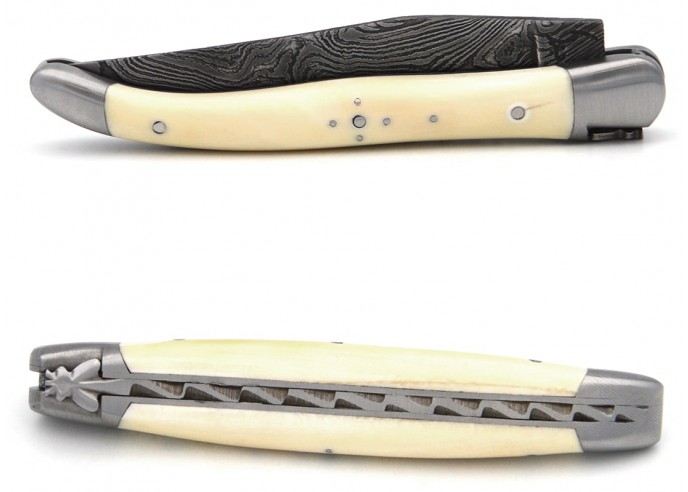 Laguiole pocket knife, 11 cm, forged bee, Damascus steel blade, warthog tooth handle with matt bolsters