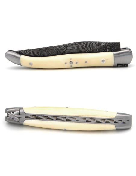 Laguiole pocket knife, 11 cm, forged bee, Damascus steel blade, ebony wood handle with shiny bolsters