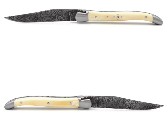 Laguiole pliant 11 cm avec lame Damas, manche en dent de phacochere et mitres inox