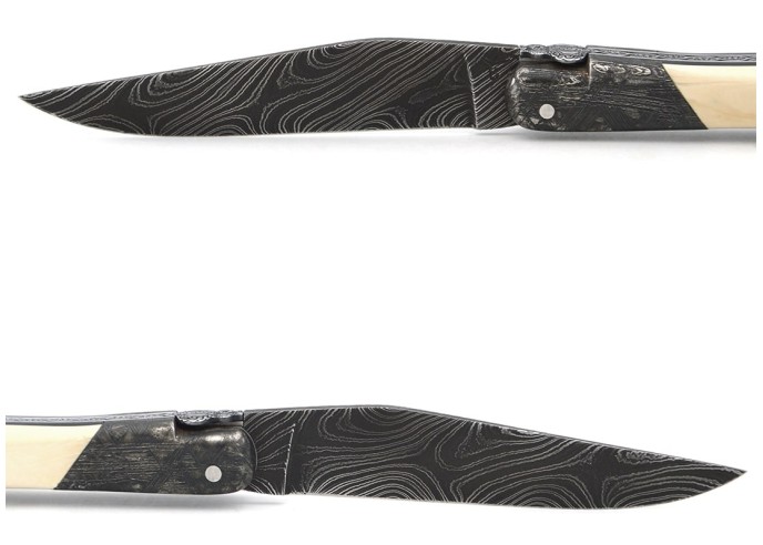 Laguiole pliant 12cm, acier Damas Sauvage,  1 mitre avant acier météorite