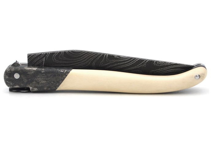Laguiole pocket knife, 12 cm, "wild" Damascus steel blade,  bee and spring chiseled with file, 1 front meteorite steel bolster