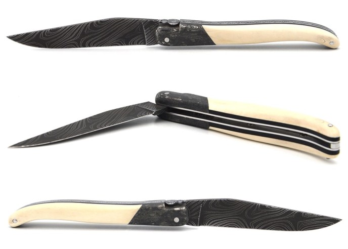 Laguiole pliant 12cm, acier Damas Sauvage,  1 mitre avant acier météorite
