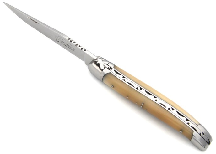 Laguiole Klappmesser, 11 cm, Klinge und Dorn, Heftbacken aus glanzendem Edelstahl, Griff aus Hornspitze
