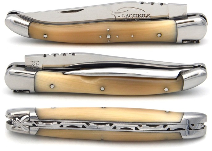 Laguiole pocket knife, 12 cm, forged bee, blade and awl, deer antler handle with matt bolsters