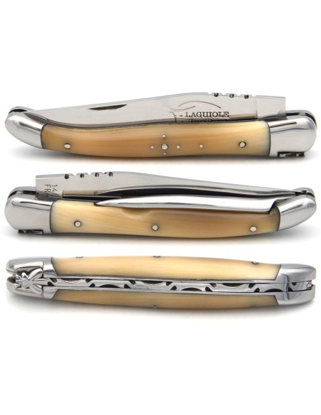 Laguiole pliant 12cm, manche olivier, lame et poinçon, abeille forgée