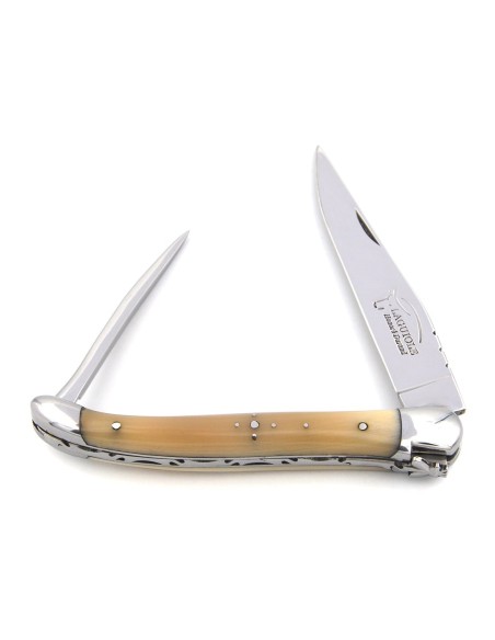 Laguiole Klappmesser, 11 cm, Klinge und Dorn, Heftbacken aus glanzendem Edelstahl, Griff aus Hornspitze