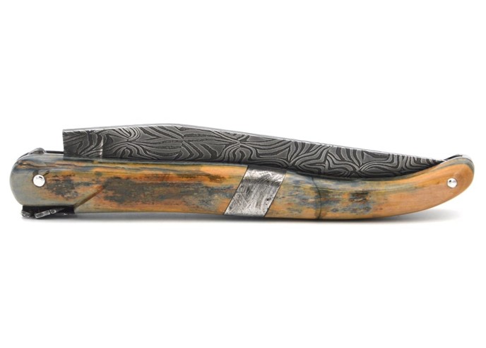 Laguiole folding knife 12 cm, central bolster in meteorite, Damascus mosaic blade with a mammoth ivory handle