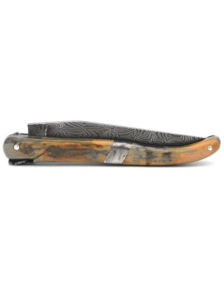 Laguiole folding knife 12 cm, central bolster in meteorite, Damascus mosaic blade with a mammoth ivory handle