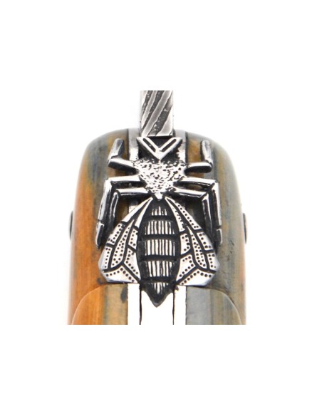 Laguiole Klappmesser 12 cm, zentraler Heftbacke aus Meteorit, Damast Mosaikklinge mit einem Griff aus Mammutelfenbein