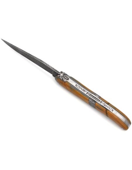 Laguiole 12cm, mitre centrale en météorite, lame Damas mosaïque