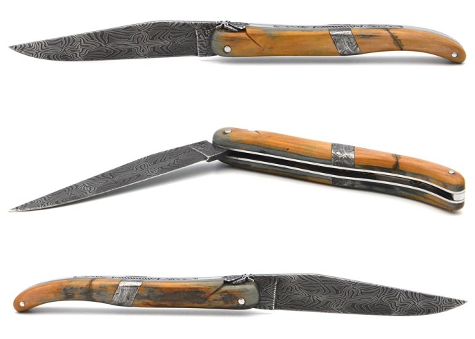 Laguiole 12cm, mitre centrale en météorite, lame Damas mosaïque