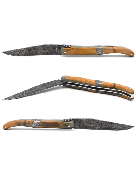 Laguiole 12cm, mitre centrale en météorite, lame Damas mosaïque