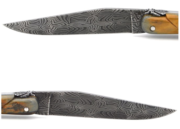 Laguiole 12cm, mitre centrale en météorite, lame Damas mosaïque