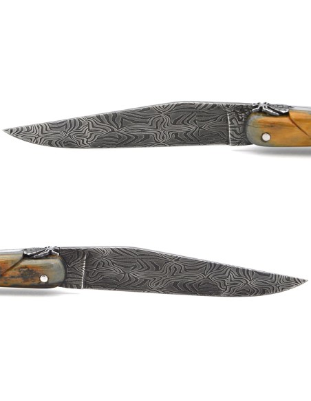 Laguiole folding knife 12 cm, central bolster in meteorite, Damascus mosaic blade with a mammoth ivory handle