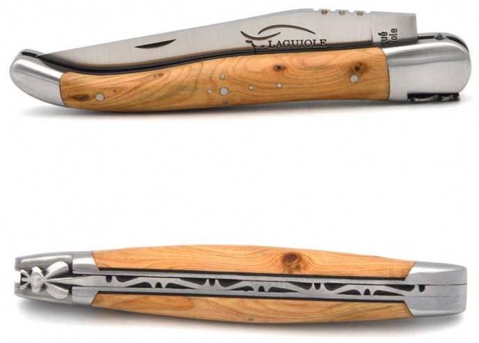 Laguiole pocket knife, 12 cm, forged bee, juniper handle & black spacer, matt bolsters