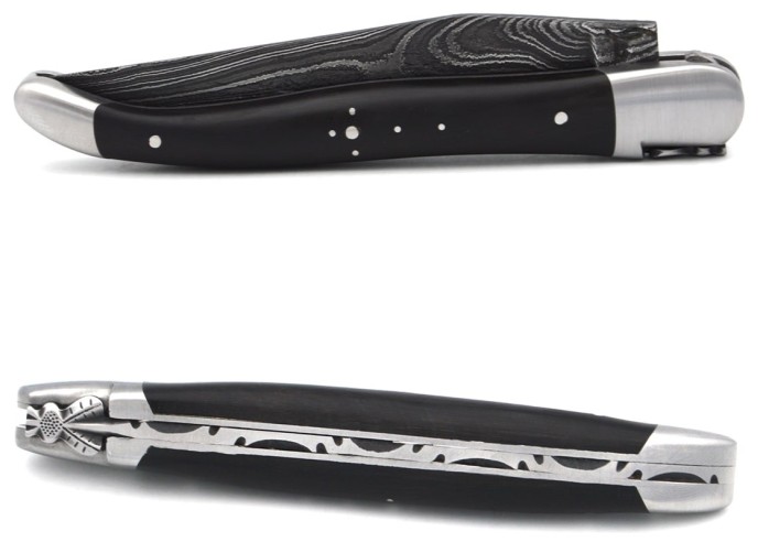 Laguiole 12 cm, classic forged bee n°2, Damascus steel blade, ebony handle