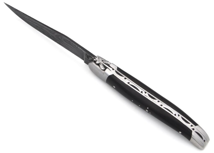 Laguiole 12cm, Klassiche Biene Nr.2, Damast Klinge, Griff aus Ebenholz