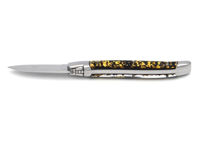 Laguiole oyster knife, gold leaf inclusion handle (black background)