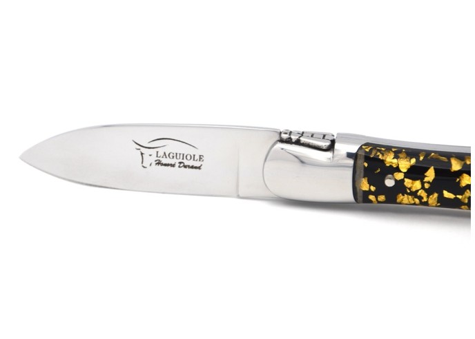 Laguiole oyster knife, gold leaf inclusion handle (black background)