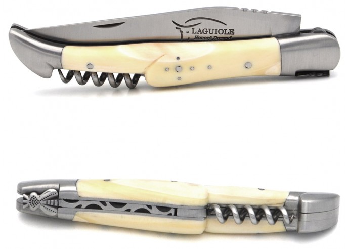 Laguiole pocket knife 12 cm, classic forged bee n°1, warthog tooth handle, blade and corkscrew, matt stainless steel bolsters