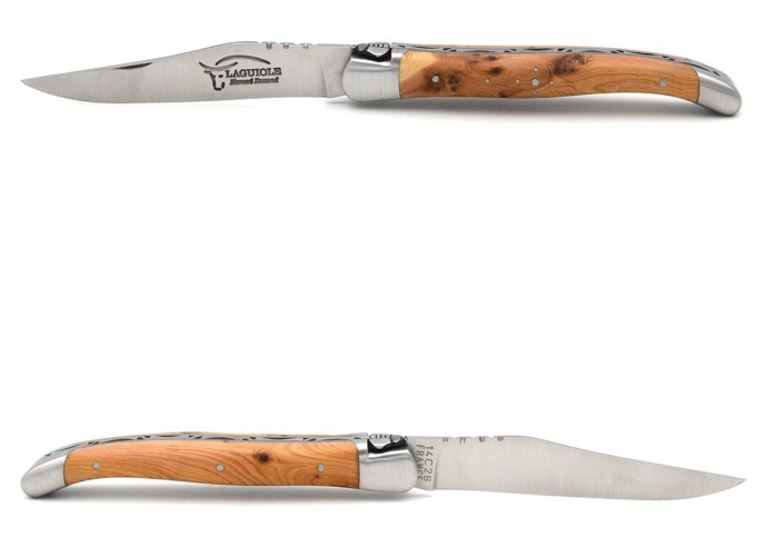 Laguiole pliant, 11 cm, abeille ciselée au burin, manche en genévrier, mitres inox mat
