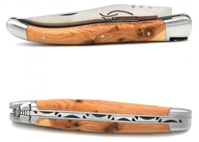 Laguiole pocket knife, 11 cm, hand-chiseled bee, juniper handle with matt bolsters