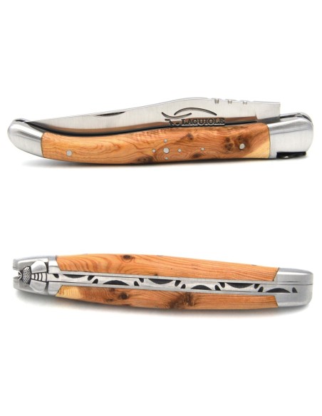Laguiole pliant, 11 cm, abeille ciselée au burin, manche en genévrier, mitres inox mat