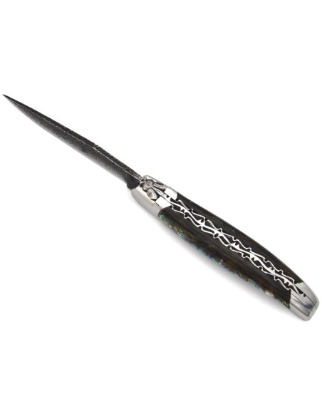 Laguiole 12cm, Edelstahl als 'brut de forge' Klinge, Biene und Doppelplatinen ziseliert, Griff aus Seeohrenholz